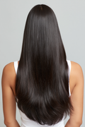 MOFRA Brun clip-in hair extensions, back view, deep espresso brown, light grey studio background